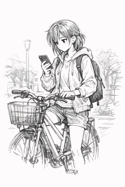 自転車を停めてスマホ操作する女の子1