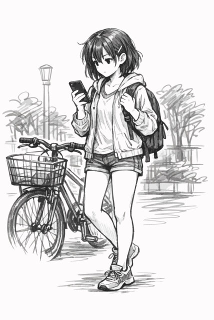 自転車を降りてスマホ操作する女の子1